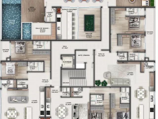 Imagem 11: Apartamento em Construção em Bombinhas/Sc com 87,43M² Área Privativa Sendo 2 Suítes 2 Vagas de Garagem Lazer Completo