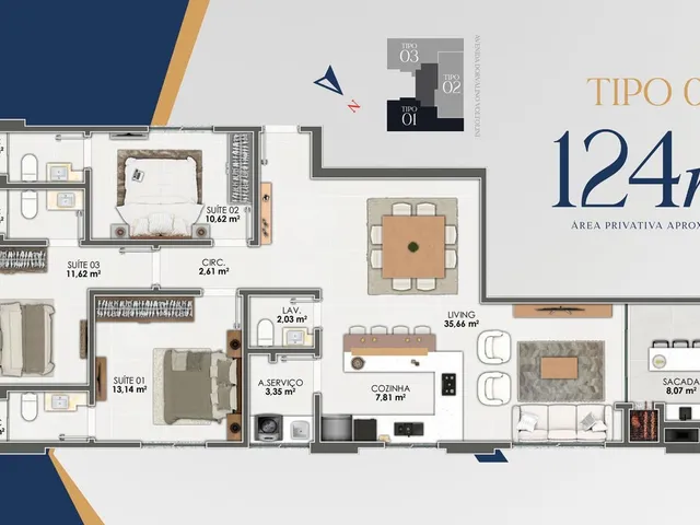 Imagem 14: Apartamento em Construção em Porto Belo/Sc com 114,01M² Área Privativa Sendo 3 Suítes, 2 Vagas de Garagem