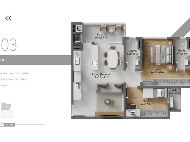Imagem 4: Apartamento em Construção em Itajaí/Sc com 68,04M² Área Privativa Sendo 1 Suíte 1 Vaga de Garagem