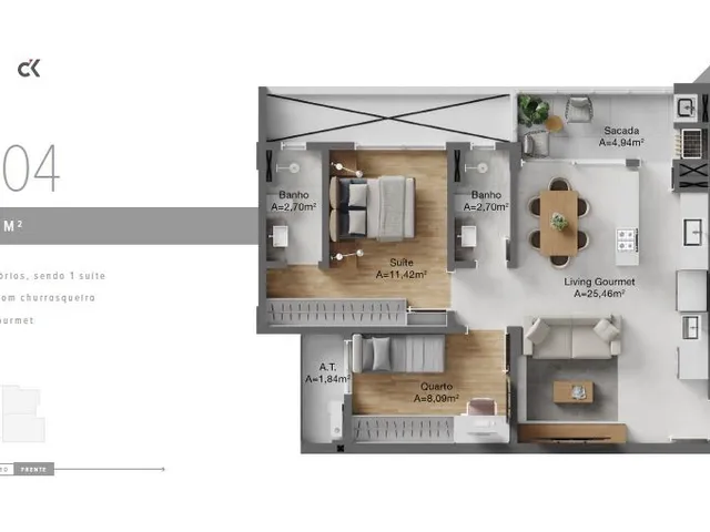 Imagem 13: Apartamento em Construção em Itajaí/Sc com 68,04M² Área Privativa Sendo 1 Suíte 1 Vaga de Garagem