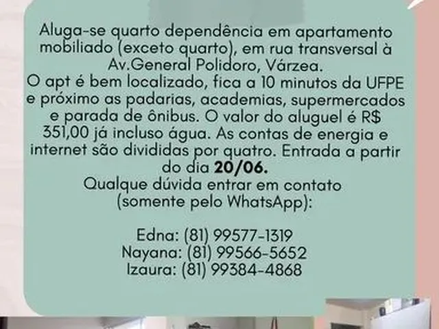 Imagem: Aluga-Se Quarto para Meninas na Várzea
