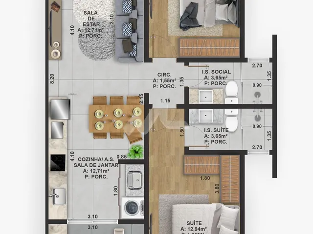 Imagem 6: Apartamento Área Interna 74,50 m 01 Suíte 01 Quarto Cozinha Gourmet e Sala de Estar