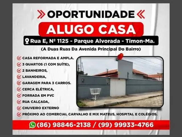 Imagem 2: Alugo Casa Recém Reformada(3 Quartos, 2 Banheiros,Etc) - Bairro Parque Alvorada(Timon