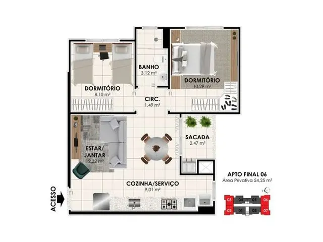 Imagem: O apartamento possui 2 Dormitórios, 1 Banheiro, 1 Vaga na