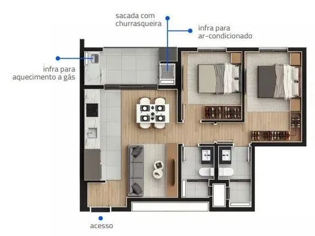 Imagem: O apartamento possui 2 Dormitórios, 2 Banheiros, 1 Vaga na