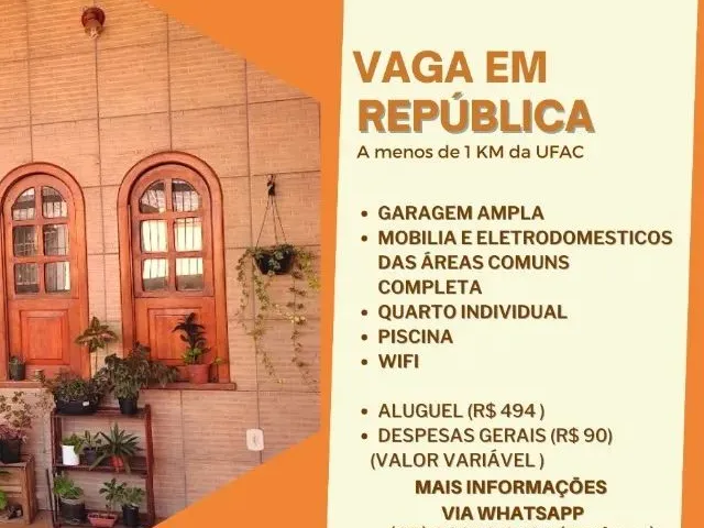 Imagem: Vaga em República Perto da Ufac