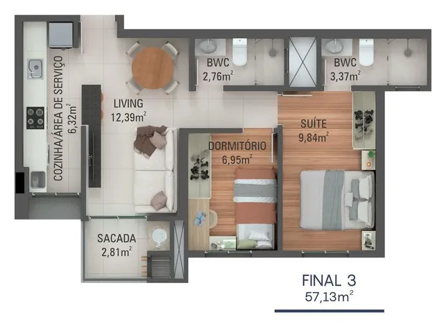 Imagem 16: Apartamento Padrão no Ecoville, 2 Quartos (1 suíte), Vaga de garagem, varanda, gás