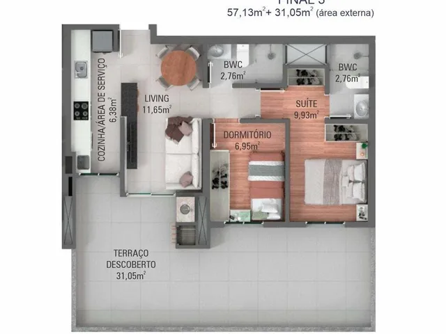 Imagem 10: Apartamento Padrão no Ecoville, 2 Quartos (1 suíte), Vaga de garagem, varanda, gás