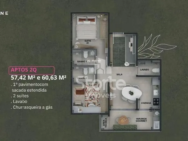 Imagem 8: Apartamento com 2 Suítes e Lavabo À Venda, 57,42M² e 60,63M² Sendo a Partir de R