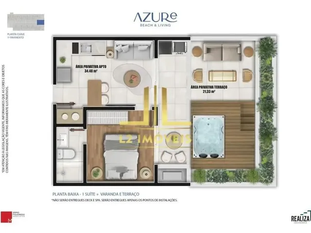 Imagem 4: Lançamento - Quarto e Sala Frontal com Terraço - 56M² - Azure Beach - Pedra do Sal
