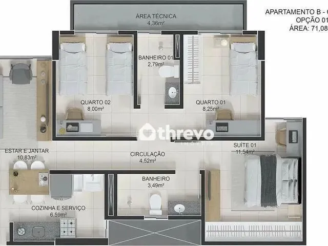 Imagem: O apartamento possui 3 Dormitórios, 1 Suíte, 2 Banheiros,