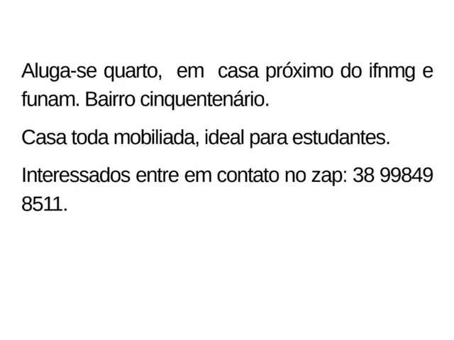 Imagem 1: Alugo Quarto, em Casa Mobiliada. Casa Proxima do Ifnmg e da Funan
