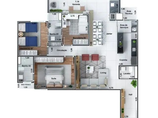 Imagem: O apartamento possui 3 Dormitórios, 3 Banheiros, 2 Vagas