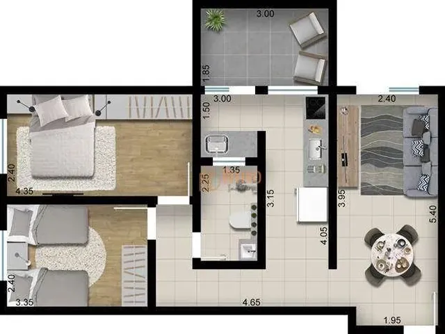 Imagem: O apartamento possui 2 Dormitórios, 1 Banheiro, 1 Vaga na