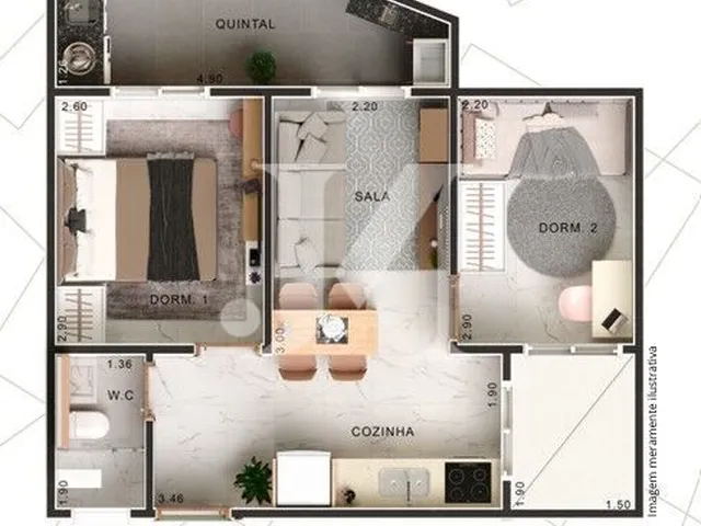 Imagem: Apartamento Padrão de 44m², 2 Dormitórios
