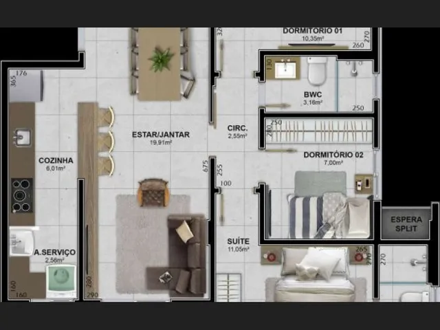 Imagem: O apartamento possui 2 Dormitórios, 1 Suíte, 1 Banheiro,