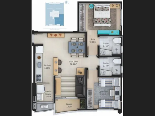 Imagem: O apartamento possui 2 Dormitórios, 1 Suíte, 1 Banheiro,