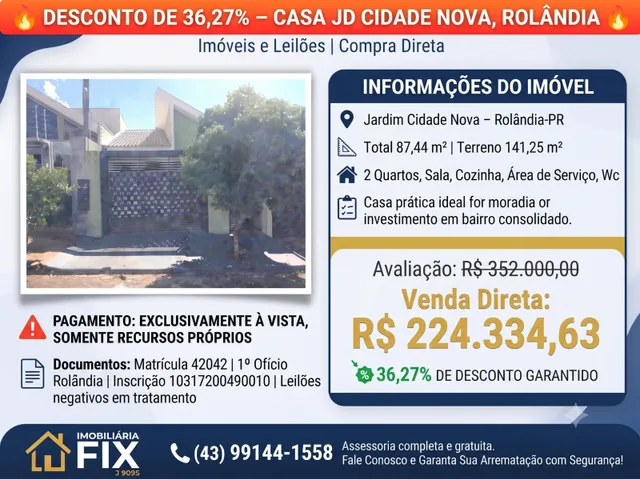 Imagem: CASA JD CIDADE NOVA, ROLÂNDIA Imóveis