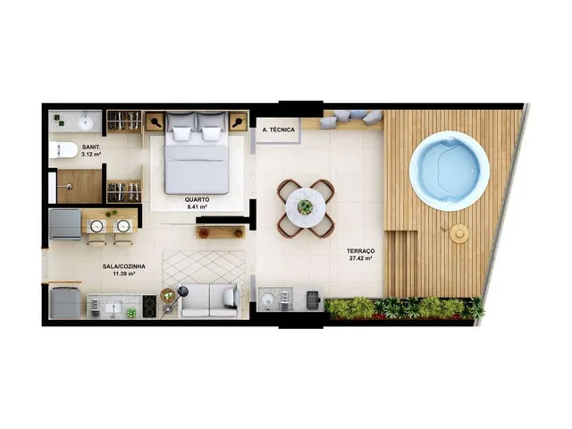 Imagem 2: Suíte - Sala - 30,80 m² - Varanda - Vaga de Garagem - Vagas para Veículos Eletricos