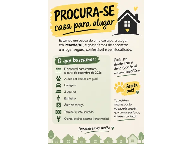 Imagem: PROCURA-SE CASA PARA ALUGAR EM PENEDO/AL