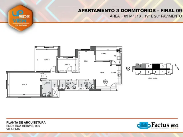 Imagem 14: Upside View Vila Ema | Construtora Factus | Construção | 83 Metros | 03 Dormitórios | Suíte | Varanda
