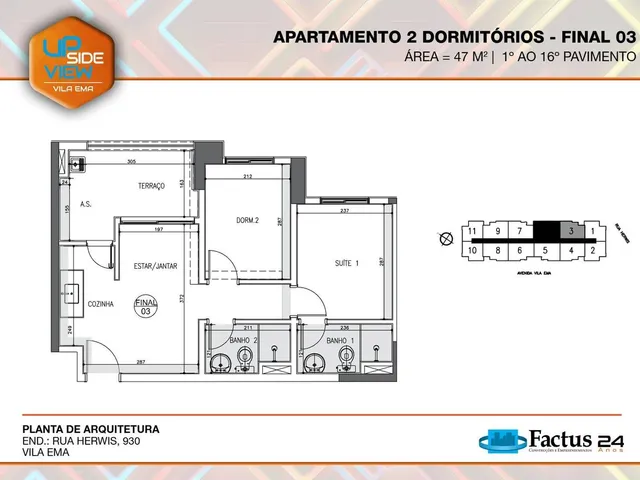 Imagem 2: Upside View Vila Ema | Construtora Factus | Construção | 47 Metros | 02 Dormitórios | Suíte | Varanda