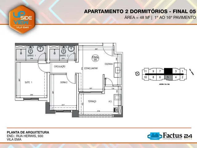 Imagem 6: Upside View Vila Ema | Construtora Factus | Construção | 47 Metros | 02 Dormitórios | Suíte | Varanda